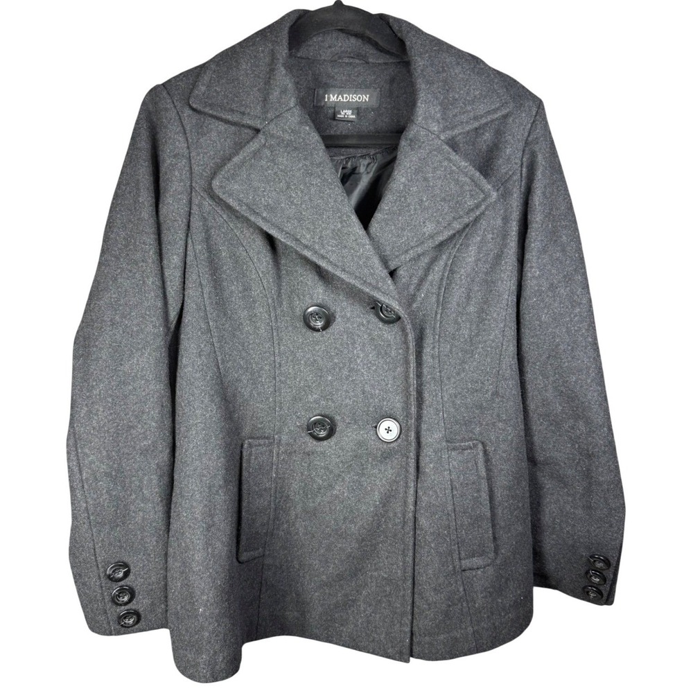 1‎ Madison Pea Coat Womens Large Gray Wool Blend Double Breasted Lined